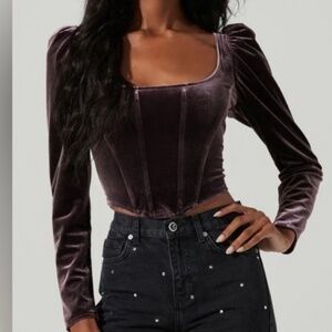 ASTR The Label Ashbury Velvet Corset Long Sleeve Top in Raisin